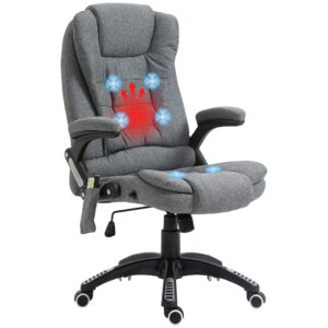 Magán: Fauteuil de bureau massant et chauffant, chaise de bureau, chaise ergonomique avec hauteur réglable, dossier inclinable et télécommande filaire, pivotant à 360° tissu en polyester gris chiné