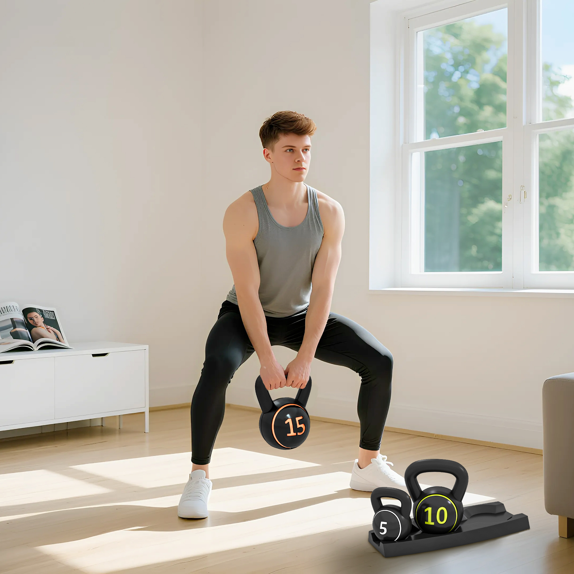 Magán: Lot de 3 kettlebells 2,2, 4,5 et 6,8 kg poignée antidérapante entraînement sport fitness avec plateau de rangement noir