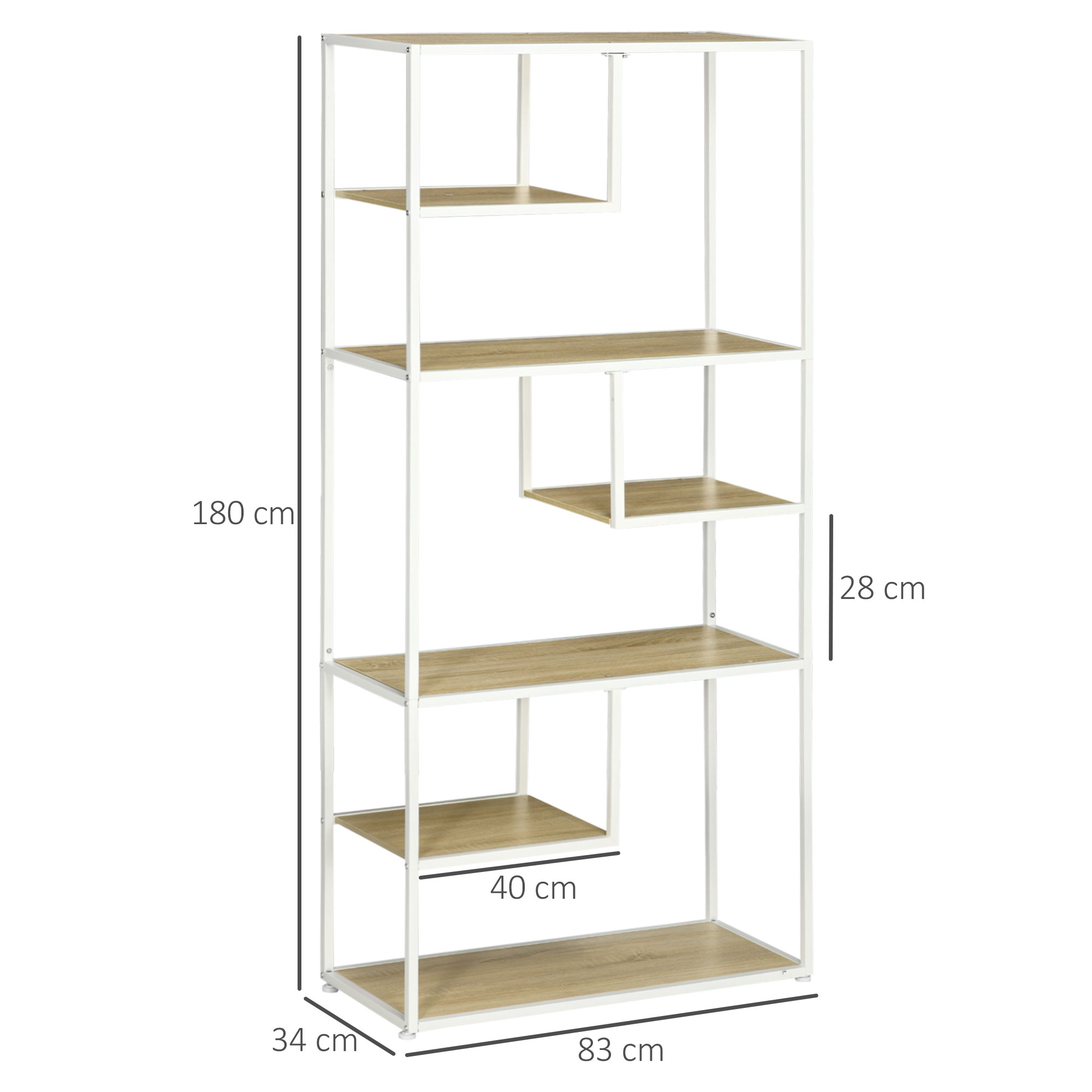 Magán: Bibliothèque étagère de rangement à 7 niveaux cadre en acier style industriel 83 x 34 x 180 cm chêne