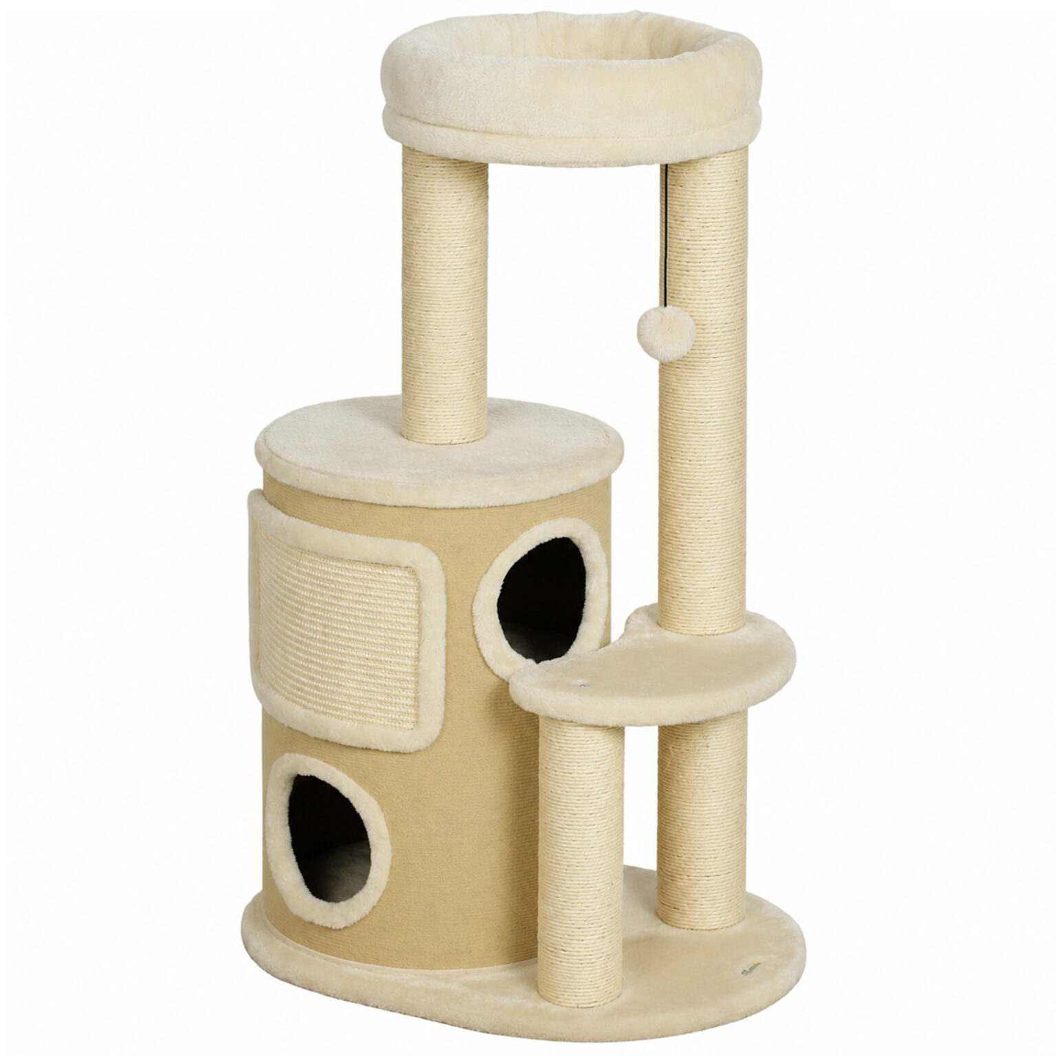 Magán: Arbre à Chat Multi-Niveaux avec Tonneau, Double Niche, Lit, Plateforme, Poteaux à Griffer en Sisal, 55x39x90cm, Beige