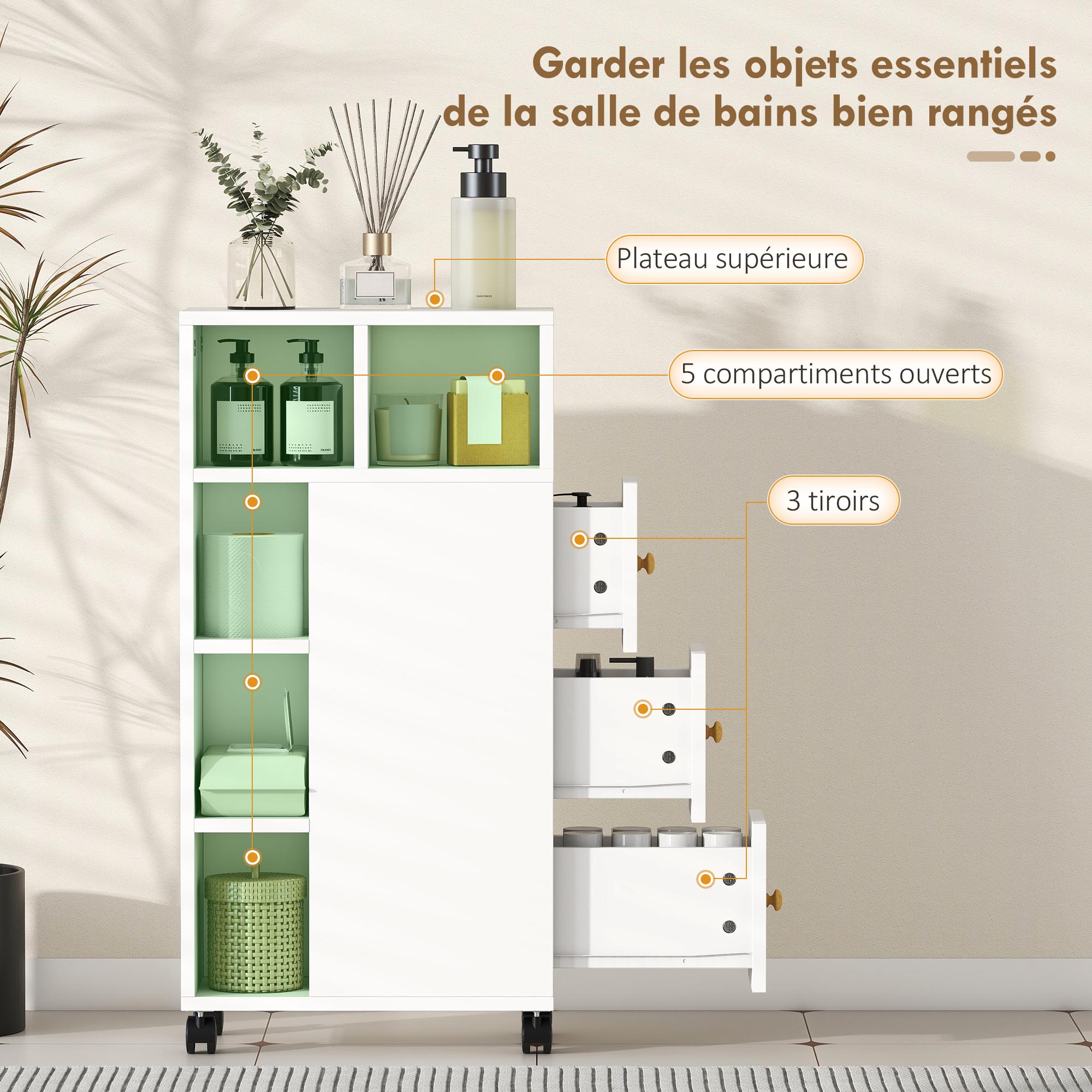 Magán: Meuble de salle de bain à roulettes, meuble de rangement étroit, 3 tiroirs, 5 compartiments ouverts, 20x40x80cm, blanc