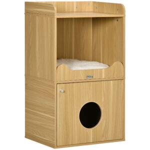 Magán: Maison de toilette pour chat meuble litière chat 3 niveaux compartiment fermé par une porte 1 coussin 60 x 45 x 103 cm