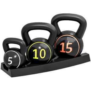 Magán: Lot de 3 kettlebells 2,2, 4,5 et 6,8 kg poignée antidérapante entraînement sport fitness avec plateau de rangement noir