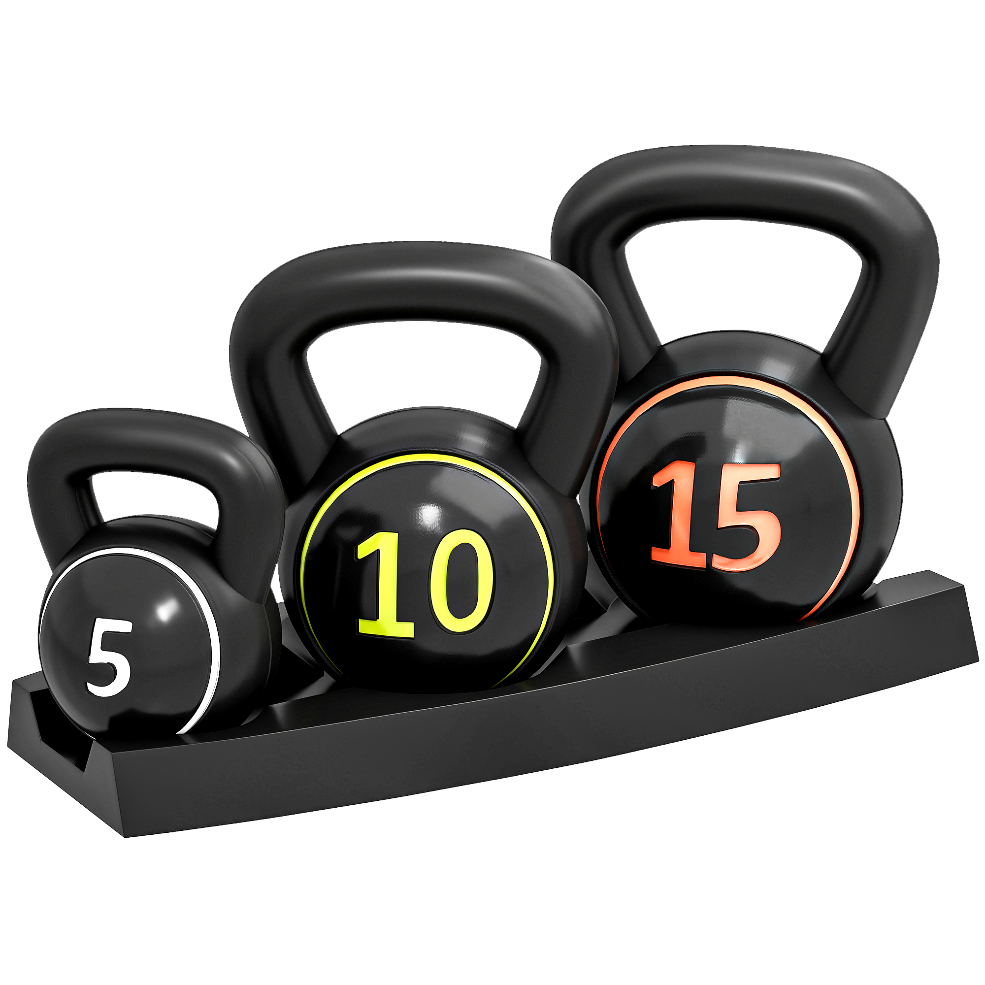 Magán: Lot de 3 kettlebells 2,2, 4,5 et 6,8 kg poignée antidérapante entraînement sport fitness avec plateau de rangement noir