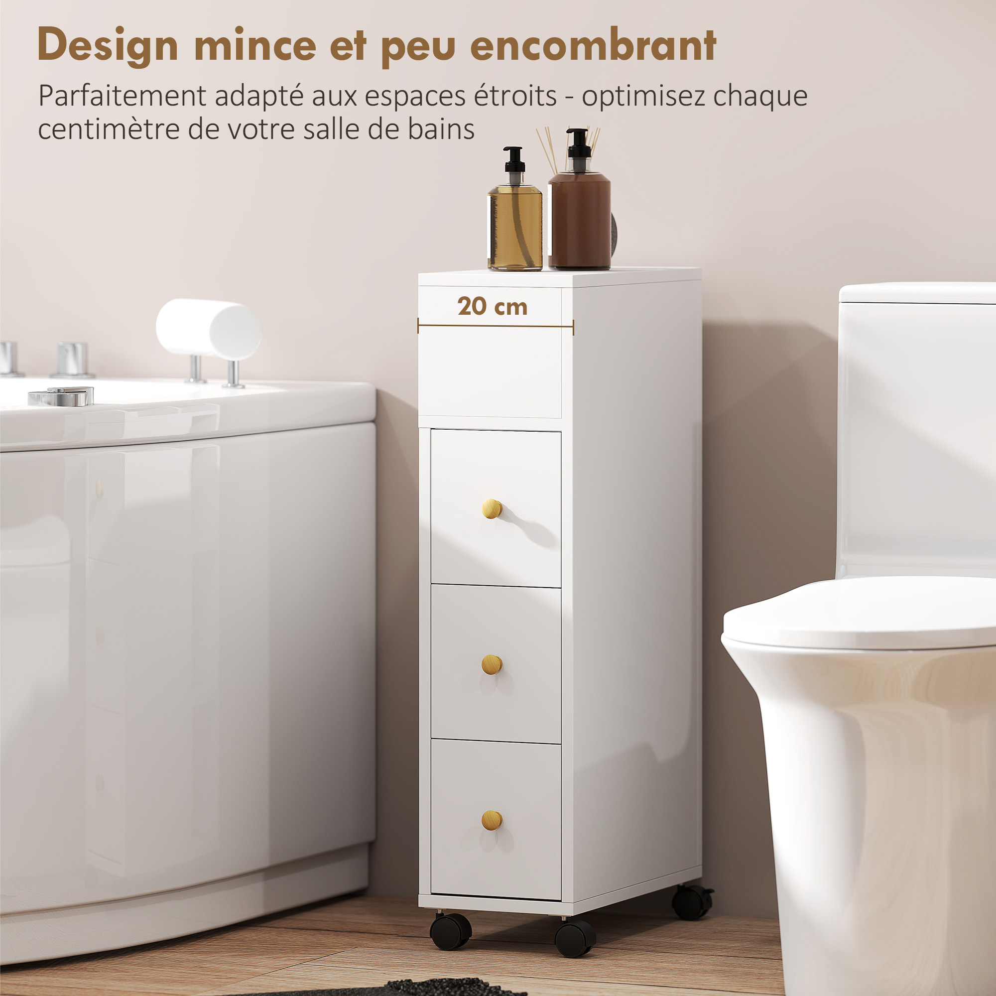 Magán: Meuble de salle de bain à roulettes, meuble de rangement étroit, 3 tiroirs, 5 compartiments ouverts, 20x40x80cm, blanc