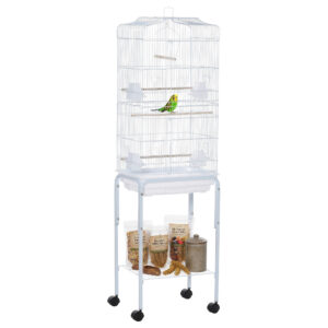 Magán: Cage à oiseaux sur pied volière oiseaux sur roulettes toit ouvrant 3 perchoirs étagère inférieure 46,5x36x157cm blanc