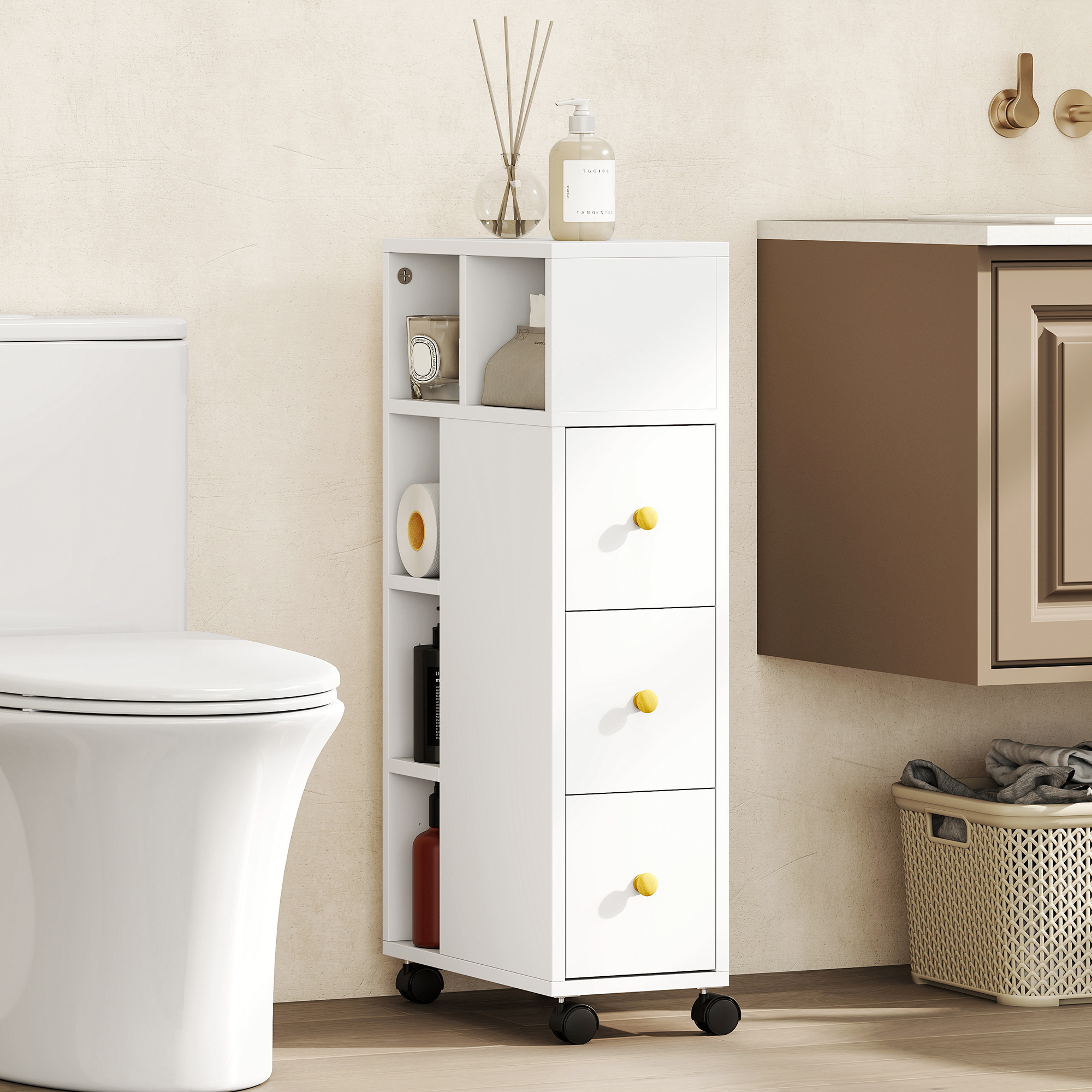 Magán: Meuble de salle de bain à roulettes, meuble de rangement étroit, 3 tiroirs, 5 compartiments ouverts, 20x40x80cm, blanc