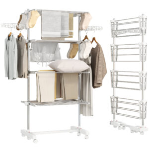 Magán: Étendoir à Linge 4 Niveaux, Sechoir a Linge avec 6 Roulettes, Pliable, Cadre en Acier Inoxydable et Ailes Latérales, pour Intérieur Extérieur, 142 x 55 x 172 cm, Blanc