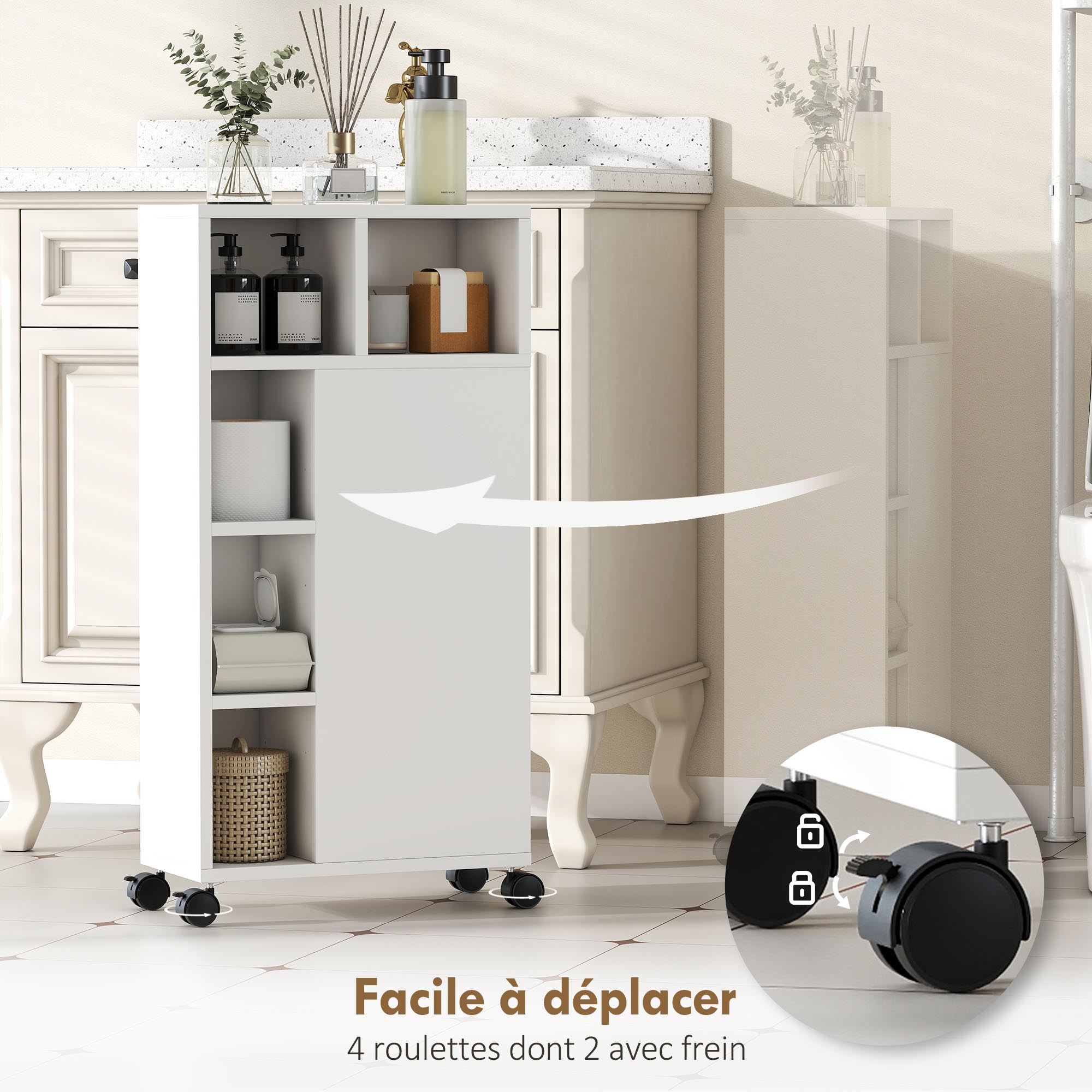 Magán: Meuble de salle de bain à roulettes, meuble de rangement étroit, 3 tiroirs, 5 compartiments ouverts, 20x40x80cm, blanc