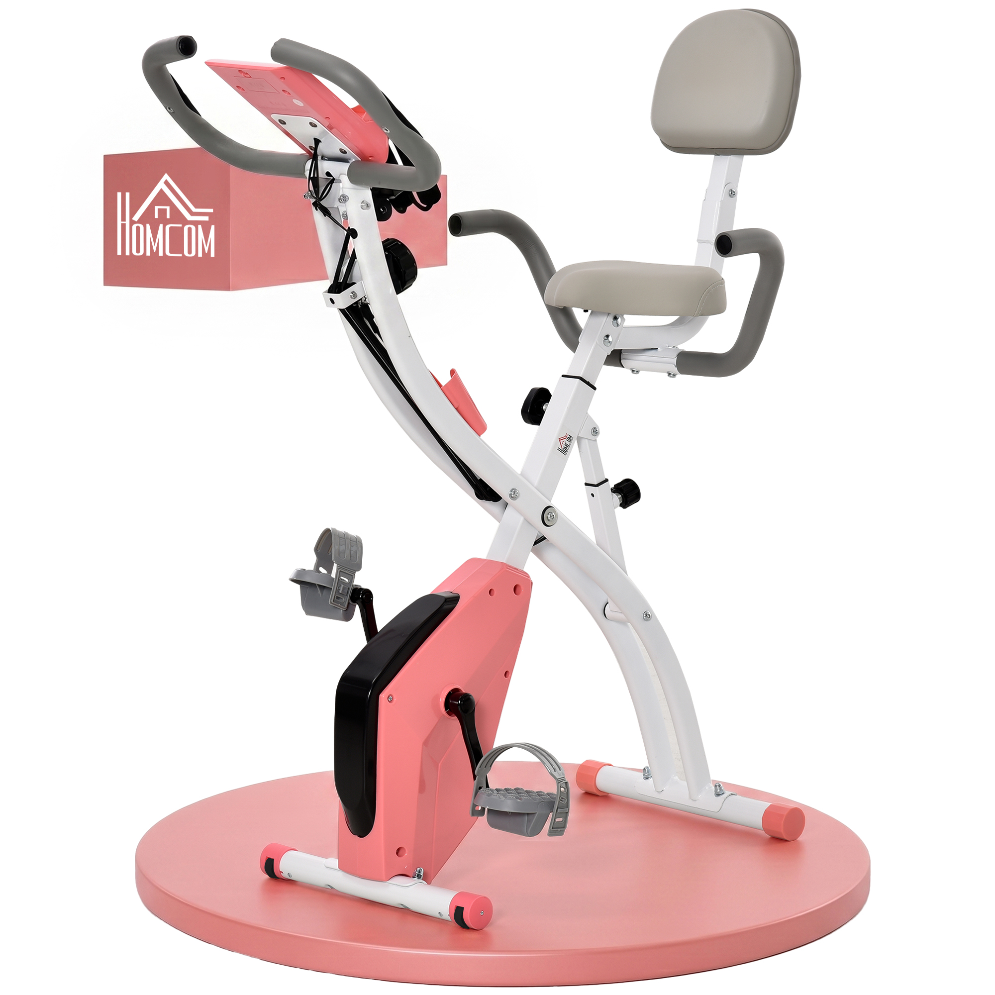 Magán: Vélo d’Appartement Pliable 4-en-1 – Ergomètre Magnétique Silencieux avec Cordes de Résistance – Sport Maison et Cardio-training avec Roulettes, Selle Confort et LCD (Max 120kg), Rose