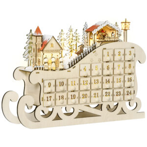 Magán: Calendrier de l’avent en bois Lumineux Frome de traineau – 10 lumières Blanc Chaud – 24 tiroirs – décoration Lumineuse de Noël