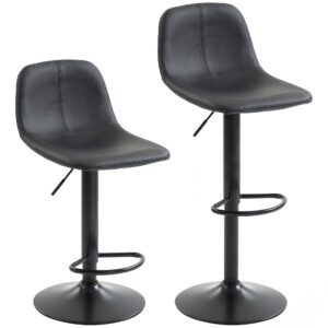 Magán: Lot de 2 tabourets de bar, chaises de bar hauteur réglable, dossier et repose-pieds, pivotant 360°, pieds en acier, noir