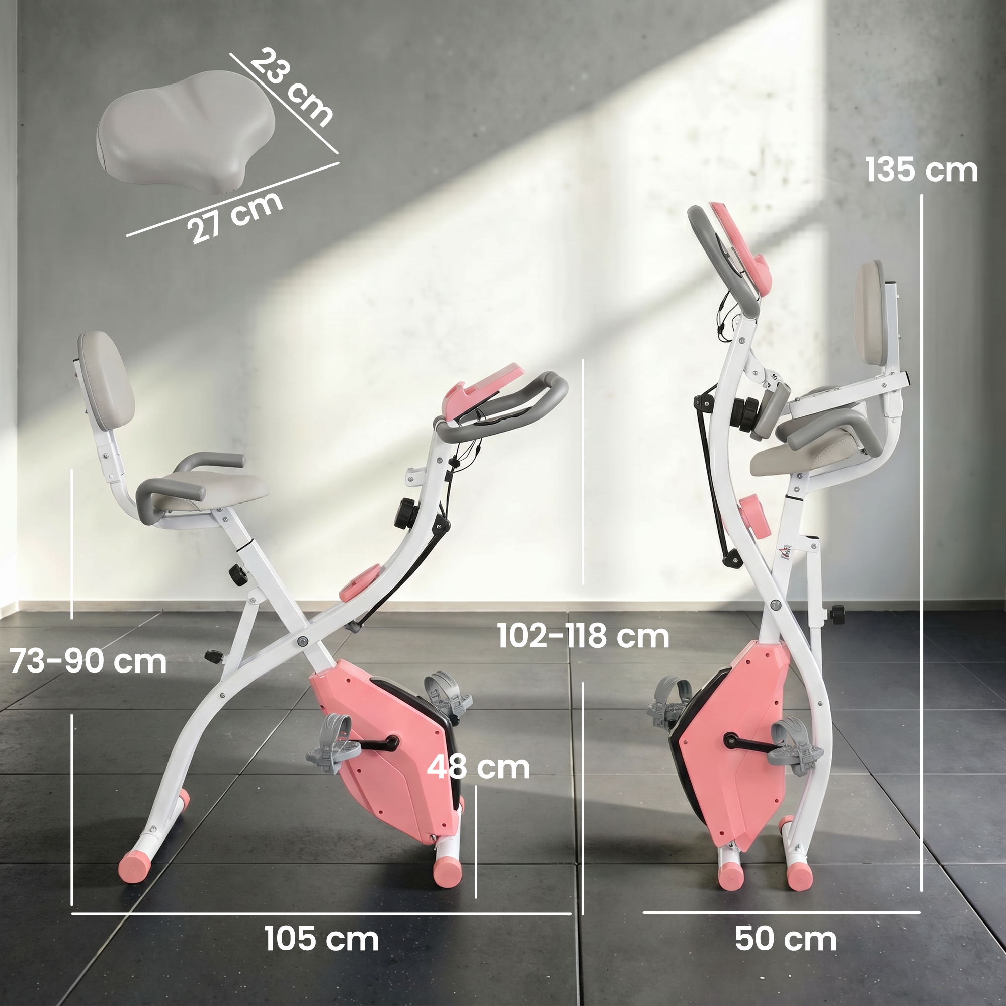 Magán: Vélo d’Appartement Pliable 4-en-1 – Ergomètre Magnétique Silencieux avec Cordes de Résistance – Sport Maison et Cardio-training avec Roulettes, Selle Confort et LCD (Max 120kg), Rose