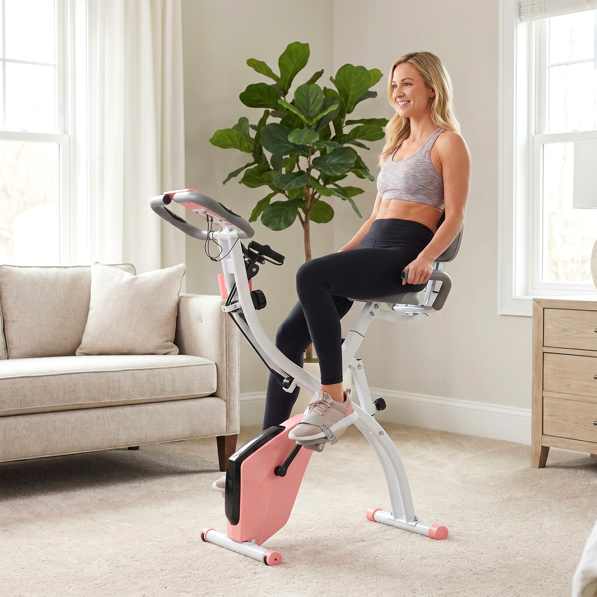 Magán: Vélo d’Appartement Pliable 4-en-1 – Ergomètre Magnétique Silencieux avec Cordes de Résistance – Sport Maison et Cardio-training avec Roulettes, Selle Confort et LCD (Max 120kg), Rose