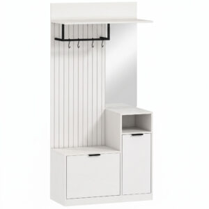 Magán: Porte-Manteau 6 en 1 Meuble d’Entrée avec Banc à Chaussures Miroir Tiroir Basculant Étagères Réglables 4 Crochets Blanc