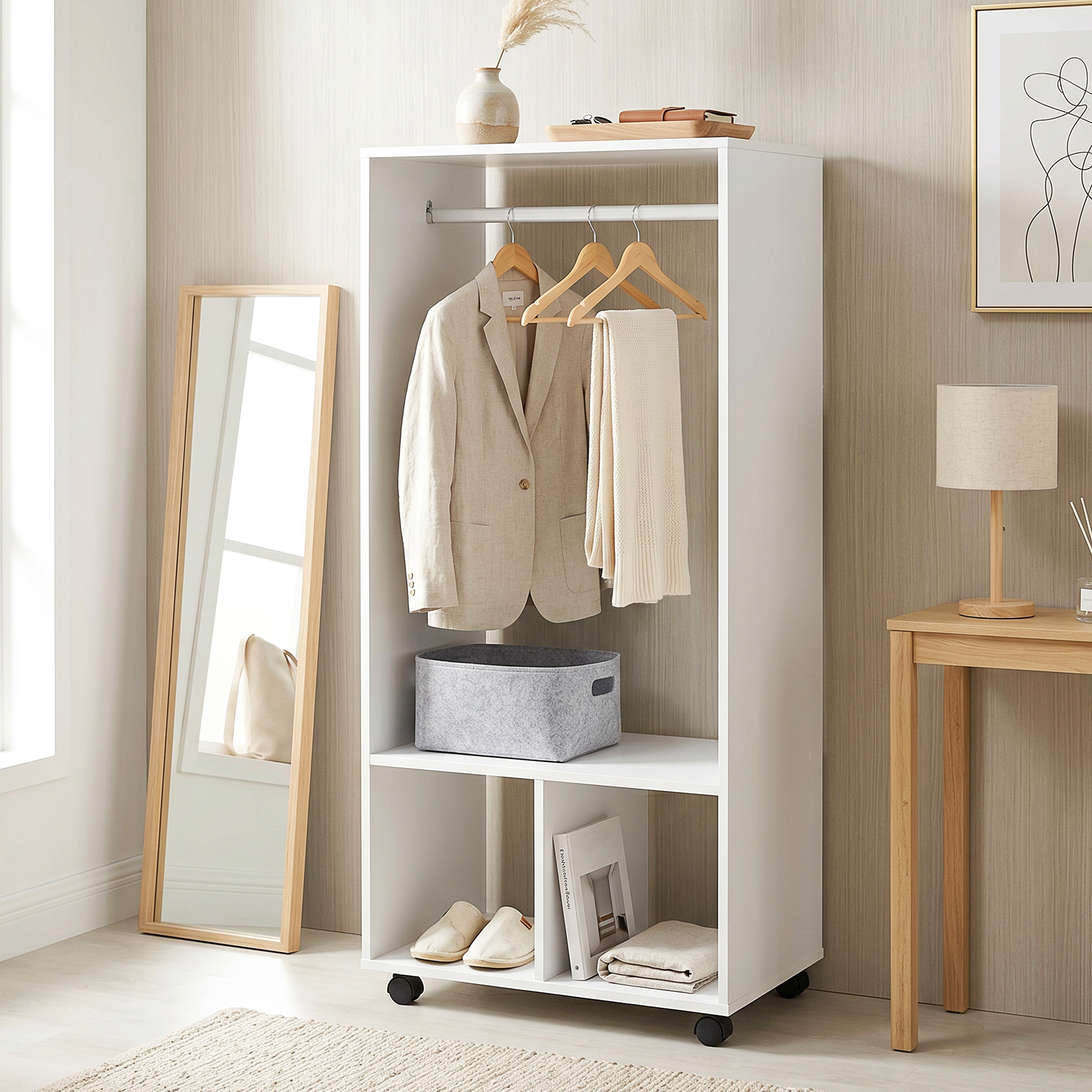 Magán: Armoire penderie étagère 2 niches 4 roulettes pivotantes dim. 60L x 40l x 128H cm Blanc
