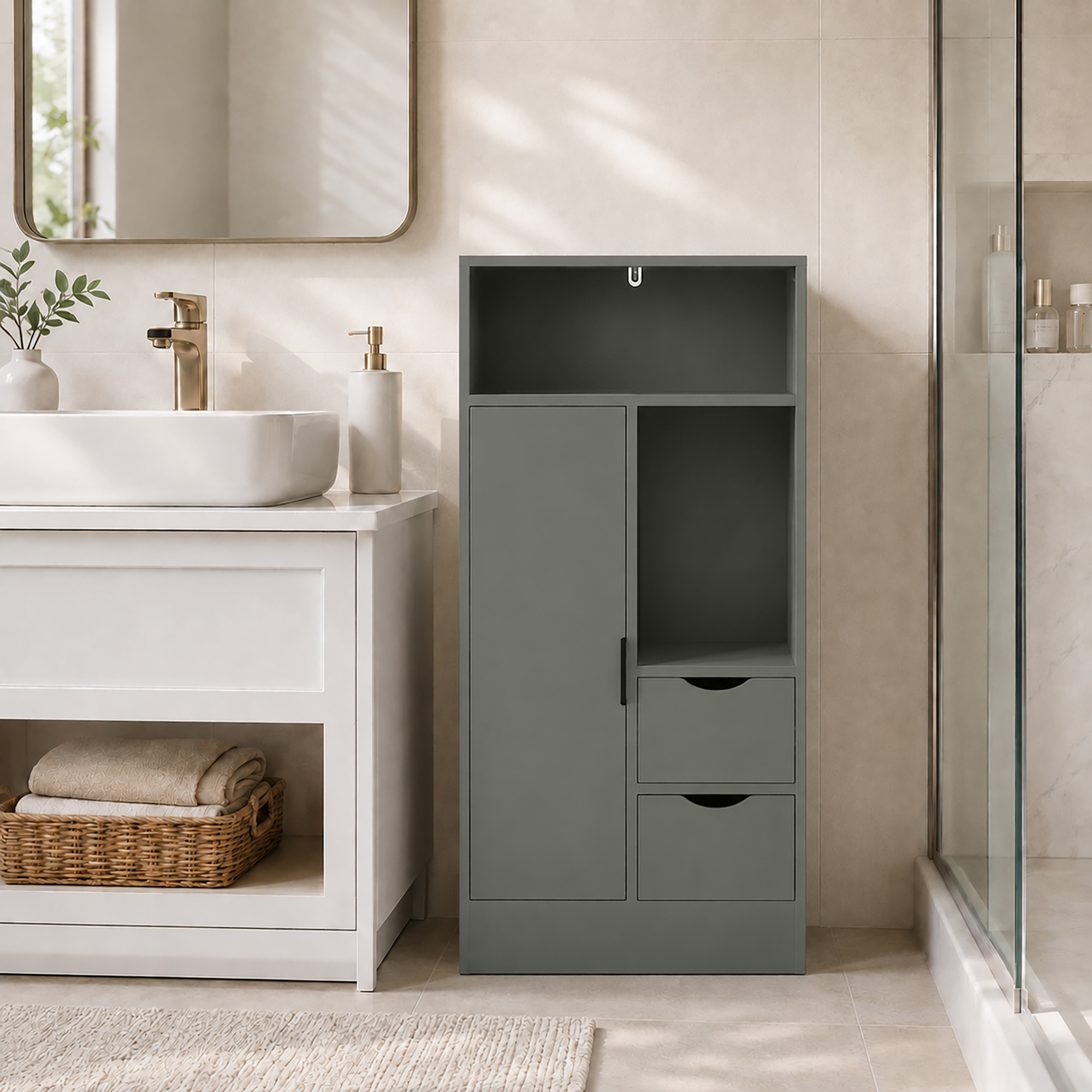 Magán: Meuble de salle de bain, meuble de rangement étroit avec 2 tiroirs, compartiments ouverts, 50x25x100cm, vert clair