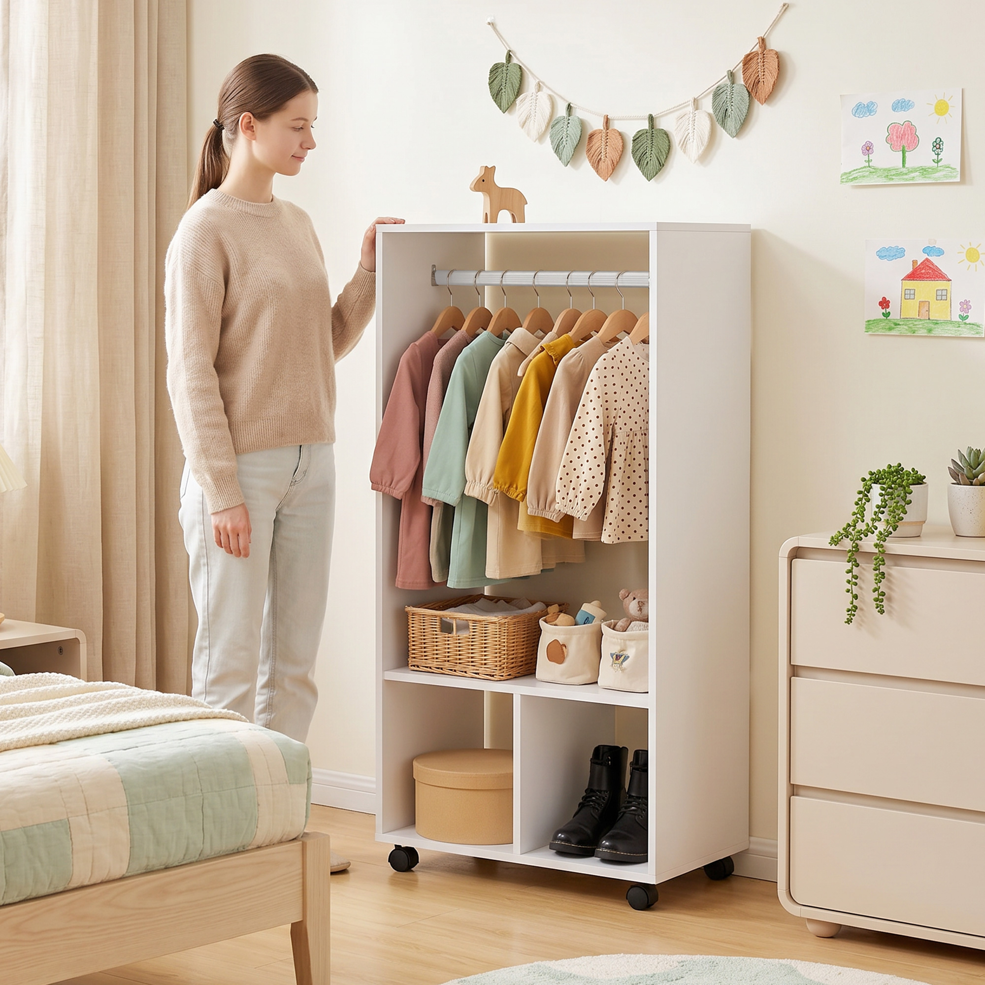 Magán: Armoire penderie étagère 2 niches 4 roulettes pivotantes dim. 60L x 40l x 128H cm Blanc