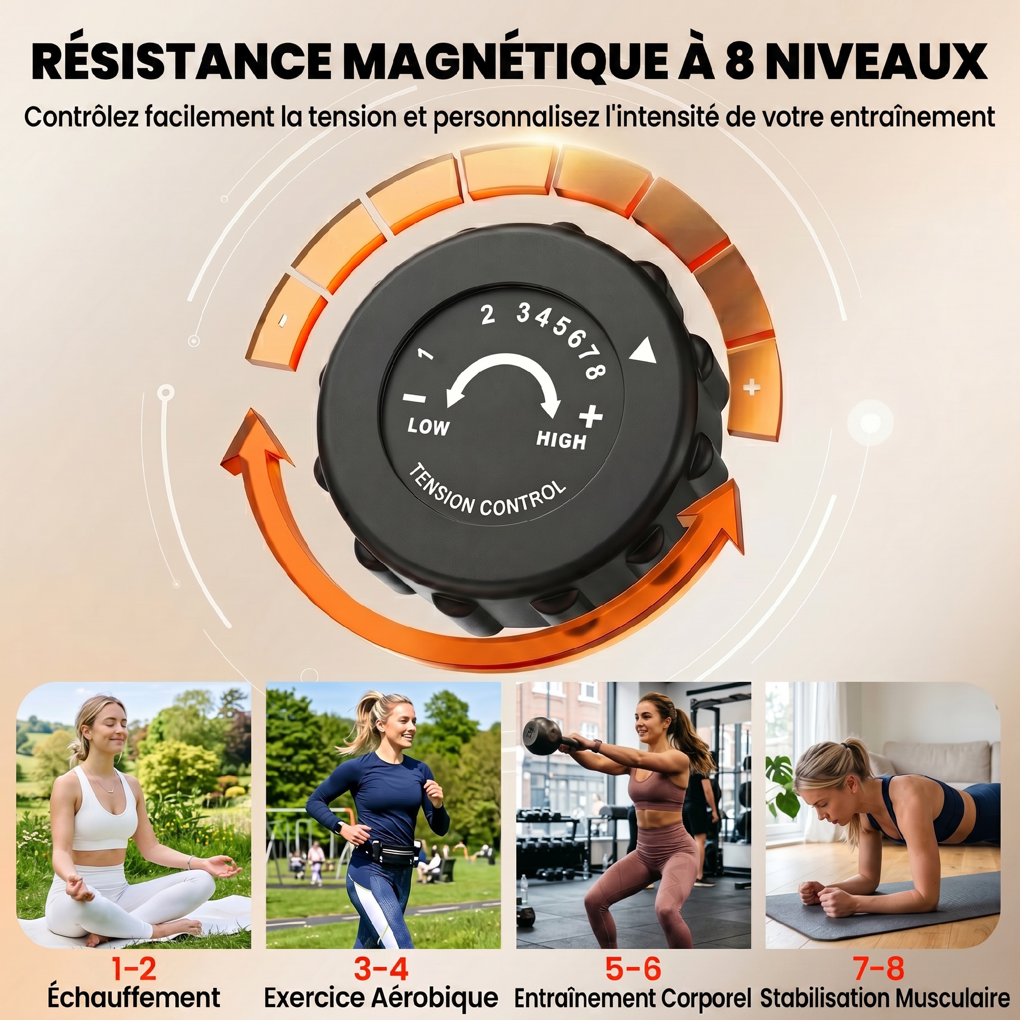 Magán: Vélo d’Appartement Pliable 4-en-1 – Ergomètre Magnétique Silencieux avec Cordes de Résistance – Sport Maison et Cardio-training avec Roulettes, Selle Confort et LCD (Max 120kg), Rose
