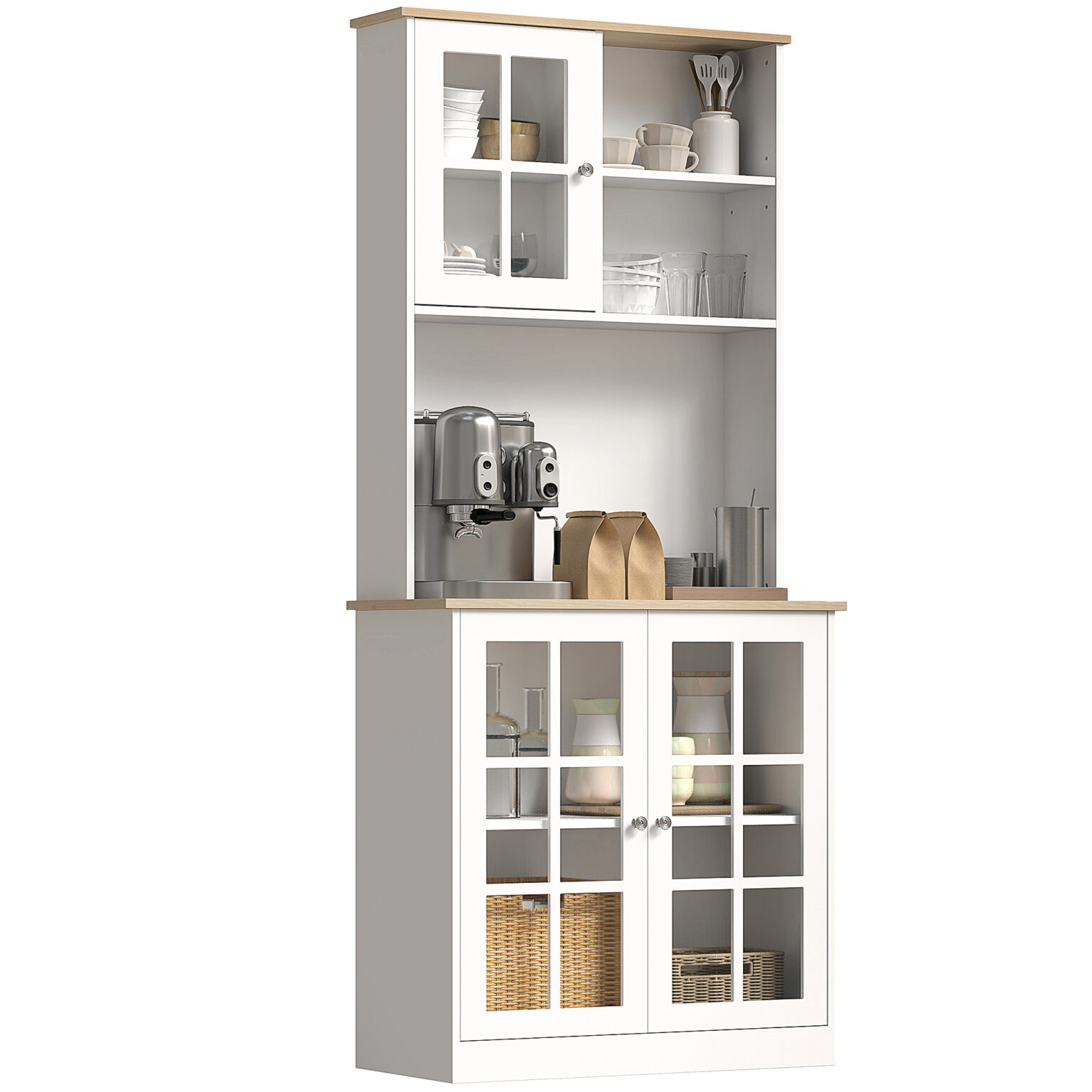Magán: Buffet cuisine, meuble cuisine rangement haut, meuble de rangement avec plan de travail, 3 portes vitrées, 2