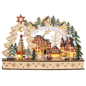 Magán: Village de Noël lumineux, village de Noël animé en bois, avec 20 LED, paysage enneigé, 45L x 12l x 30H cm, bois naturel