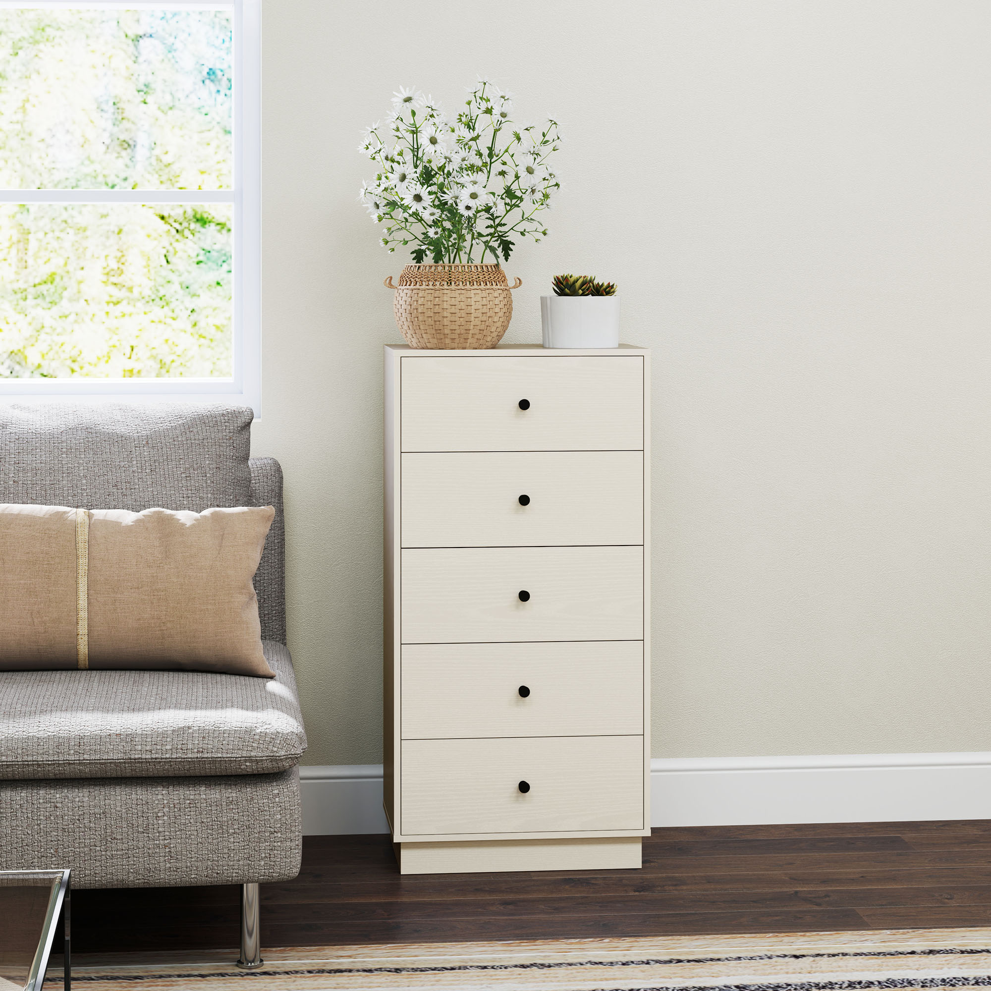Magán: Commode 5 tiroirs, meuble de rangement haut et étroit, style moderne pour chambre à coucher, salon – 47x29x95cm, crème