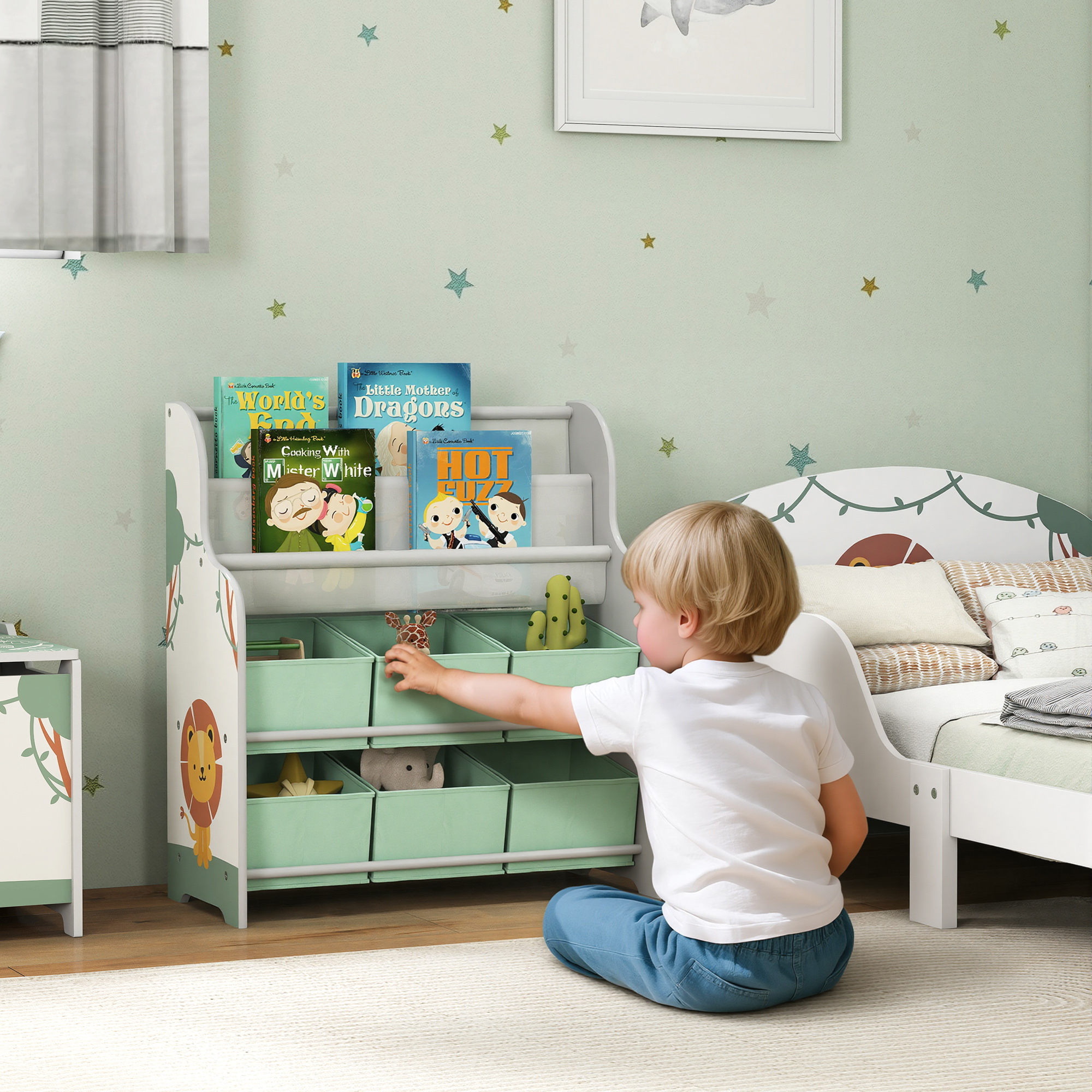 Magán: Meuble rangement enfant, rangement jouet enfant, 6 tiroirs en tissu et étagère à deux niveaux, 63x30x71cm, vert
