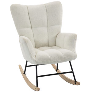 Magán: Fauteuil à Bascule, Rocking Chair en Peluche Teddy, Poches Latérales, Dossier à Oreilles Capitonné, Crème