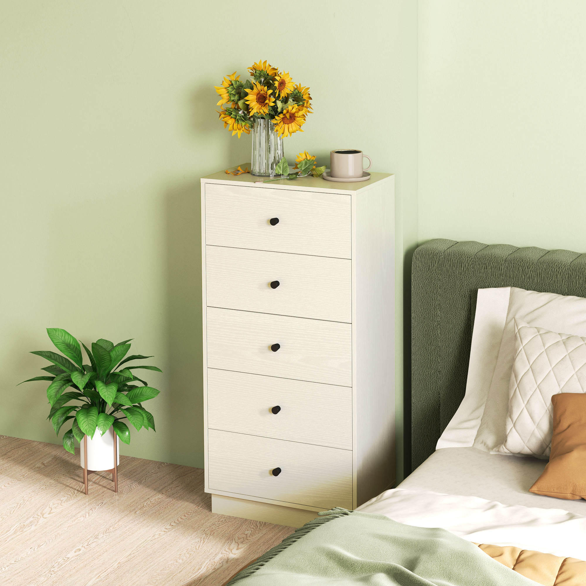Magán: Commode 5 tiroirs, meuble de rangement haut et étroit, style moderne pour chambre à coucher, salon – 47x29x95cm, crème
