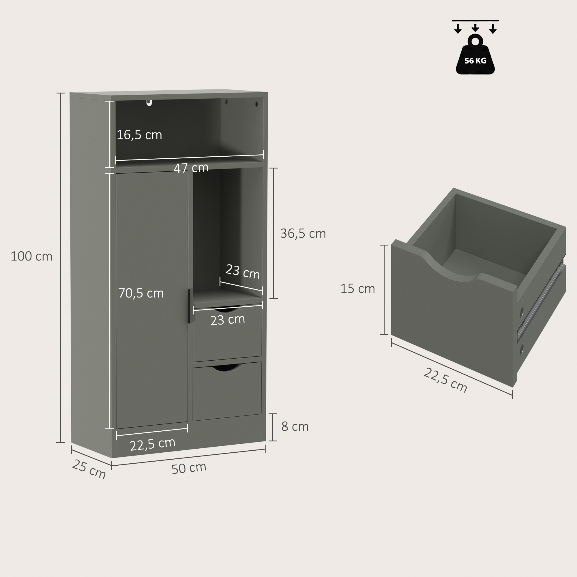 Magán: Meuble de salle de bain, meuble de rangement étroit avec 2 tiroirs, compartiments ouverts, 50x25x100cm, vert clair
