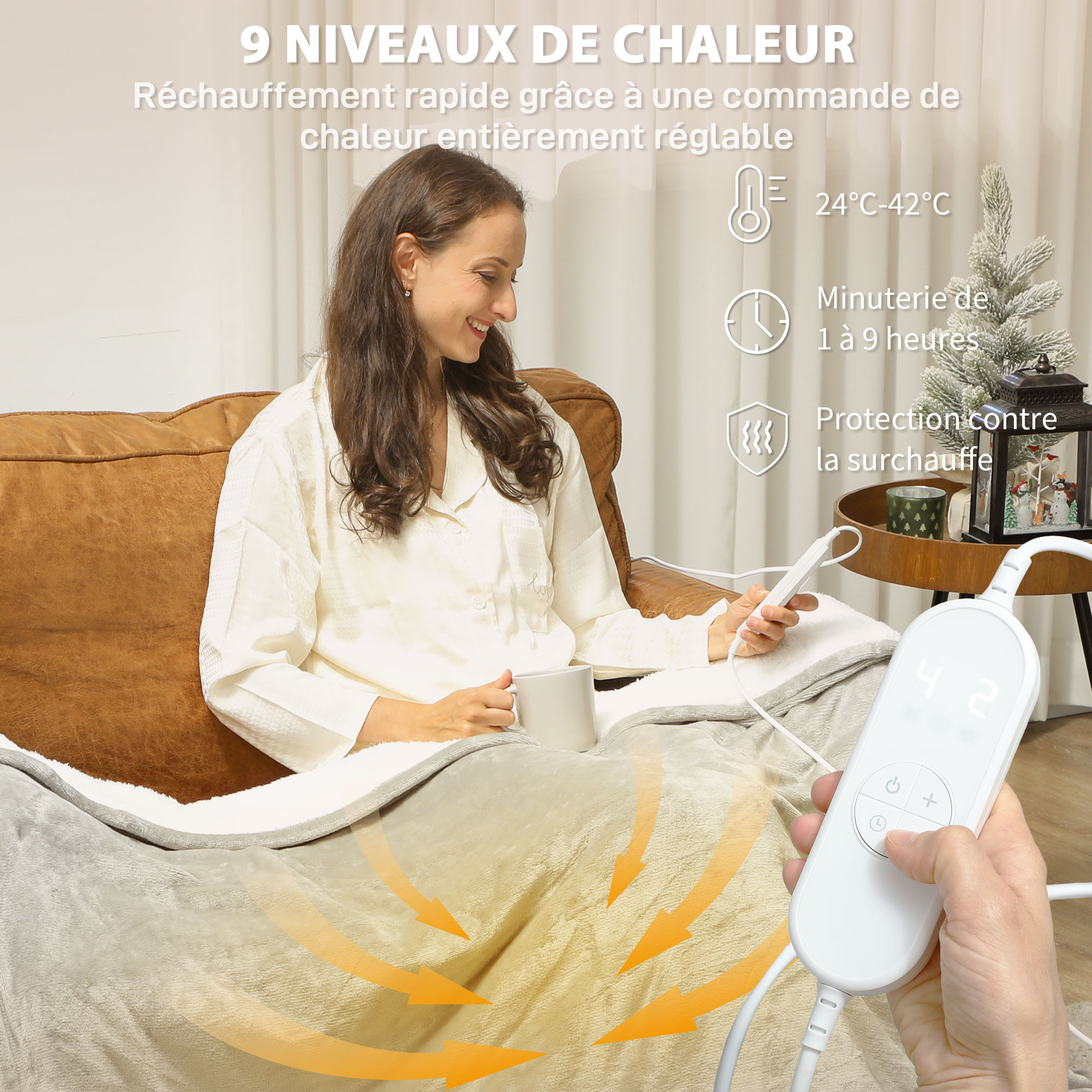 Magán: Couverture chauffante, plaid chauffant, 9 niveaux de chauffage, minuterie 9H, lavable en machine, 180x130cm, gris