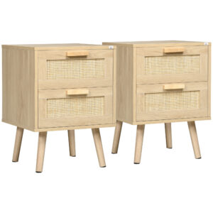 Magán: Lot de 2 tables de chevet tables d’appoint 2 tiroirs façades aspect cannage rotin style bohème 40 x 40 x 56 cm naturel