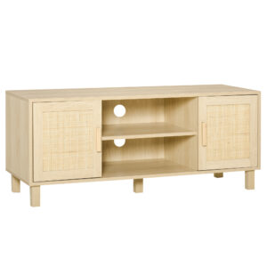 Magán: Meuble TV Banc TV 2 niches 2 placards Porte cannage en rotin dim. 115L x 40l x 48H cm MDF Aspect Bois Clair