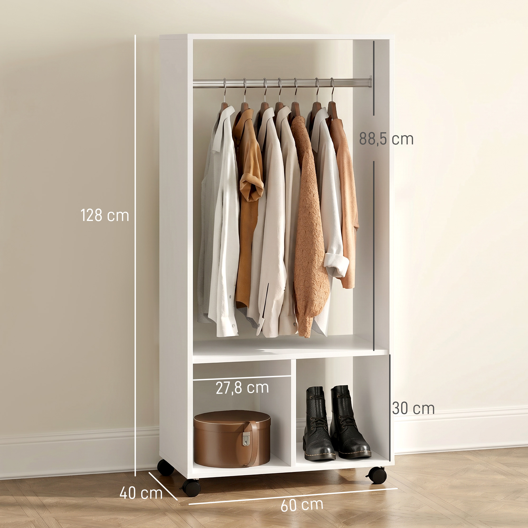 Magán: Armoire penderie étagère 2 niches 4 roulettes pivotantes dim. 60L x 40l x 128H cm Blanc