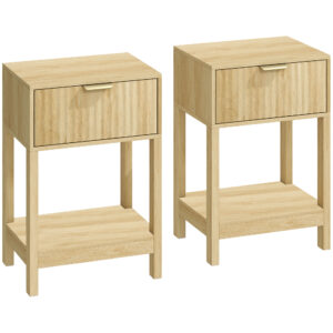 Magán: Lot de 2 Tables de Chevet, Tables d’Appoint avec Tiroir, Façade Rainurée et Étagère Ouverte, 40 x 30 x 60 cm, Chêne