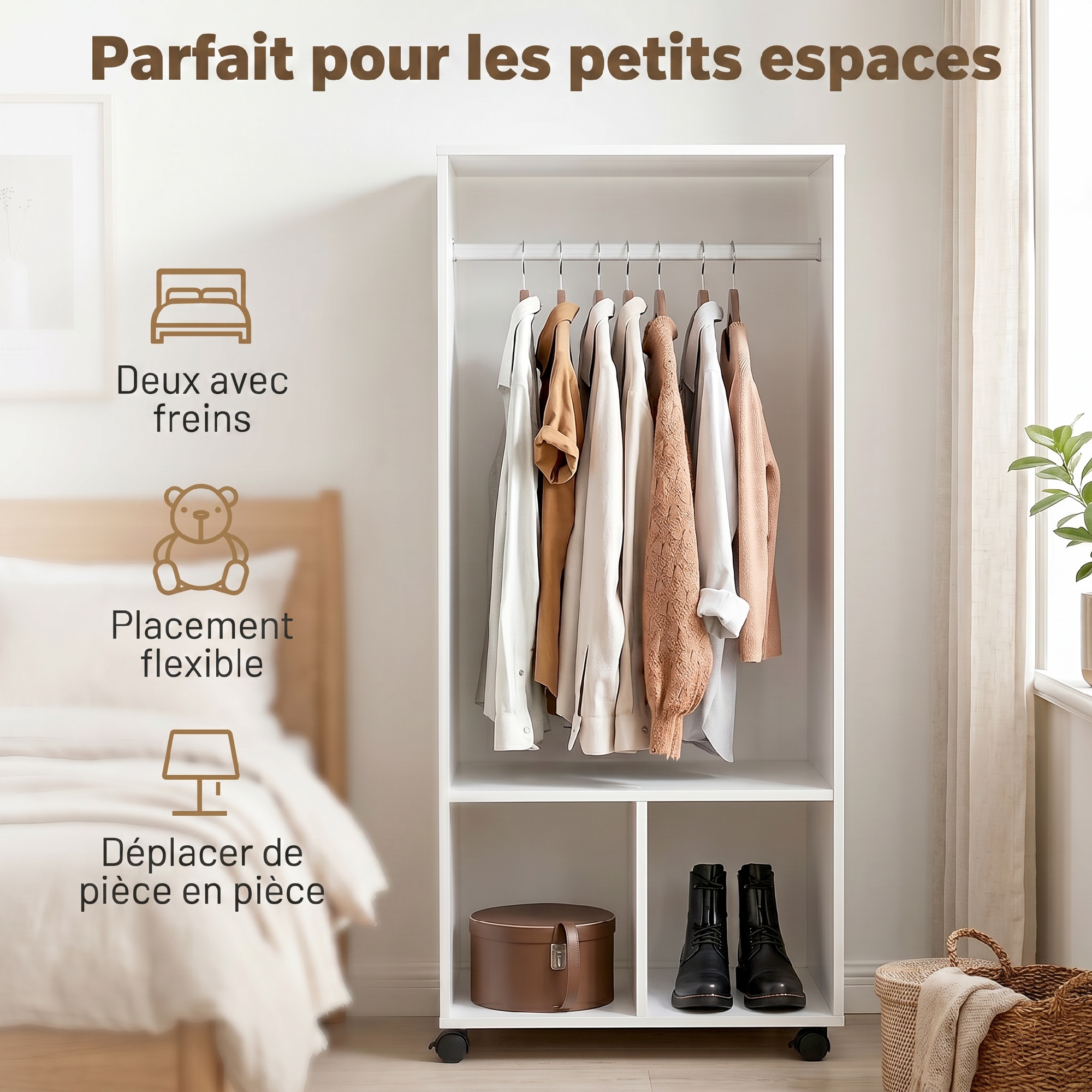 Magán: Armoire penderie étagère 2 niches 4 roulettes pivotantes dim. 60L x 40l x 128H cm Blanc